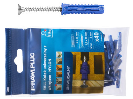  Nagyteljesítményű univerzális 4 ALL tipli + csavar    64589   R-S11-4ALL-08+/10   ( 8 x 40 mm + süllyf. csavar 5 x 60 mm  30db / csomag  )