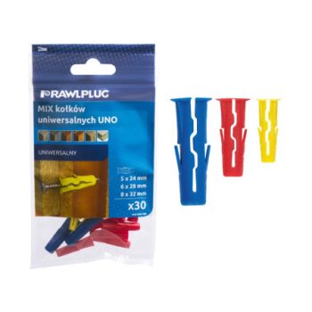   Univerzális, minden anyaghoz alkalmas műanyag SÁRGA, PIROS, KÉK  tipli  64583.  R-S11-UNO-YRB. 5 x 24 mm, 6 x 28 mm, 8 x 32 mm,   ( 10 + 12 + 8 db / csomag ) 