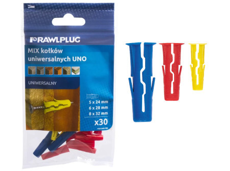 Univerzális, minden anyaghoz alkalmas műanyag SÁRGA, PIROS, KÉK  tipli  64583.  R-S11-UNO-YRB. 5 x 24 mm, 6 x 28 mm, 8 x 32 mm,   ( 10 + 12 + 8 db / csomag ) 