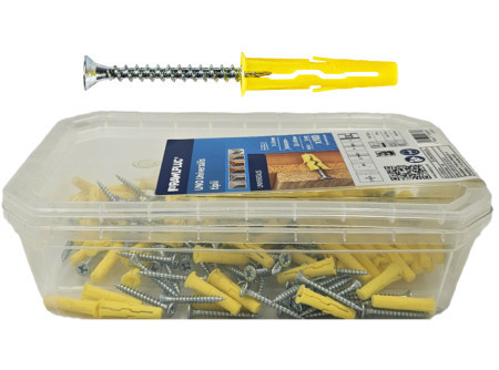  Műanyag Sárga  tipli + csavar  Univerzális műanyag  UNO tipli + csavar.   5 x 24 mm +Süllyf. csavar  64704  R-SL11-UNO-05+3530 …. UNO.    3,5 x 30 mm (100 db / műanyag doboz  )