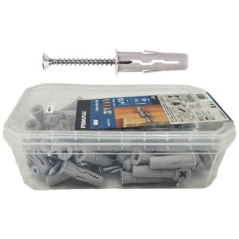   Műanyag Szürke  tipli + csavar  Univerzális műanyag  UNO tipli + csavar.   10 x 36 mm + Süllyf. csavar  64707  R-SL11-UNO-10+5045 …. UNO. 5 x 45 mm ( 50 db / műanyag doboz  )