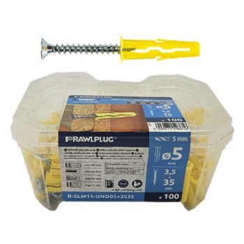  Univerzális műanyag Sárga  tipli + süllyf. csavar ( UNO tipli + csavar. )  68384  R-SLM11-UNO05+3535 mua. tipli   5 x 24 mm  + süllyf csavar. 3,5 x 35 mm  (100 db / műanyag doboz  )