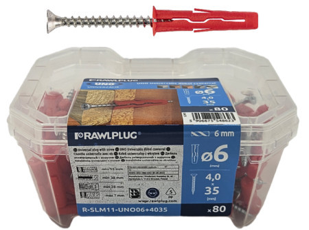 Univerzális műanyag Piros  tipli + süllyf. csavar ( UNO tipli + csavar. )  68385  R-SLM06+4035 mua. tipli   6 x 28 mm  + süllyf csavar. 4 x 35 mm  (80 db / műanyag doboz  )