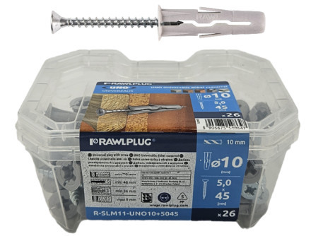 Univerzális műanyag Szürke  tipli + süllyf. csavar ( UNO tipli + csavar. )  68388  R-SLM11-UNO10+5045  mua. tipli   10 x 36 mm  + süllyf csavar. 5 x 45 mm  (26 db / műanyag doboz  )