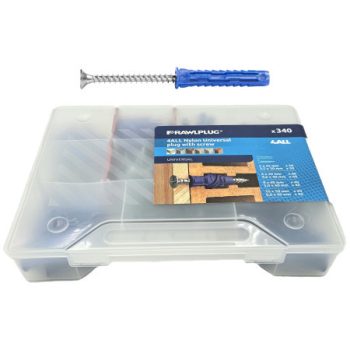    Műanyag kék tipli + csavar   ( Nagyteljesítményű Nylon dübel  + Süllyf. csavar szett 65473  R-T11-4ALLMIX-01   (  244 db / műanyag doboz )